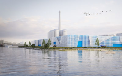 Illustration of industrial buildings by the water