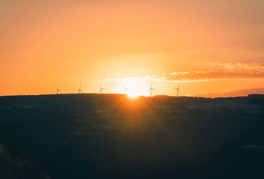 Wind energy park in sunset