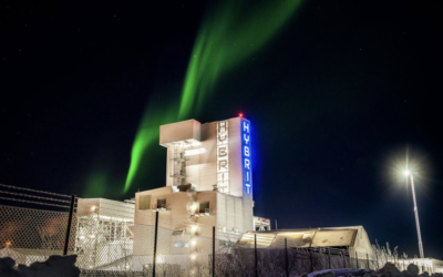 Hybrit building with northern lights in the background