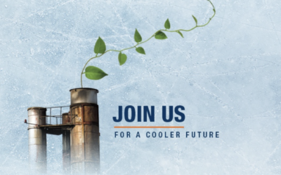 Illustration with green leaves coming out of a factory chimney. Next to it is the text "Join us for a cooler future".