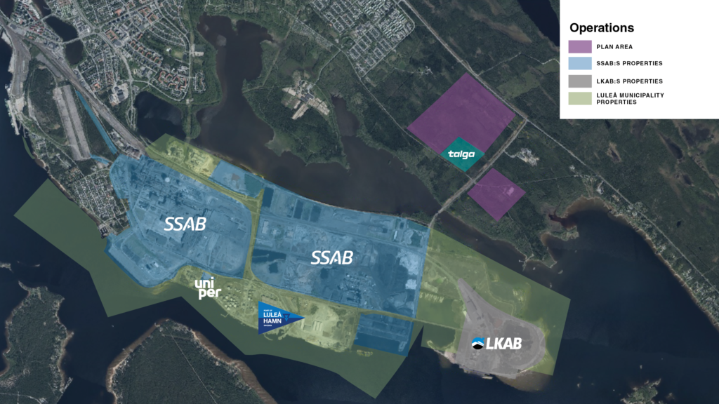Overview sketch Luleå Industripark with marked areas of activity for SSAB, LKAB, Talga and Luleå Harbor