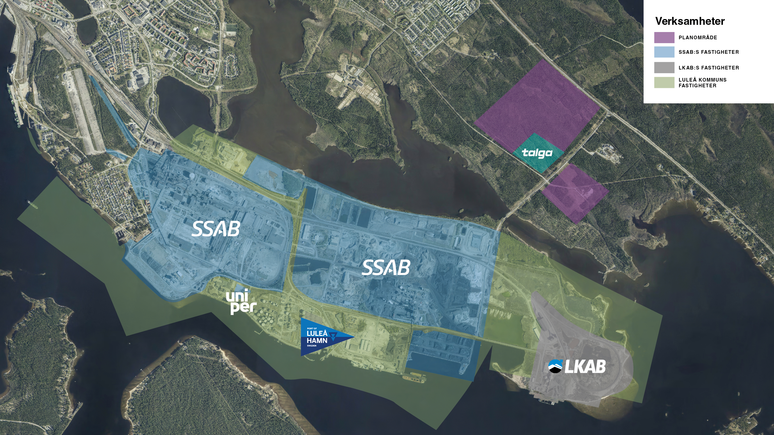 Overview sketch Luleå Industripark with marked areas of activity for SSAB, LKAB, Talga and Luleå Harbor